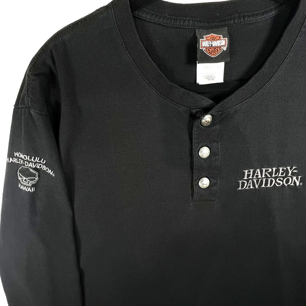 Harley Davidson Honolulu Hawaii Henley Shirt Mens 2XL Skull Back Embroidered